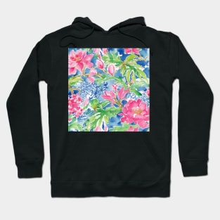 Pink, blue and green preppy flowers and leaves watercolor doodle Hoodie